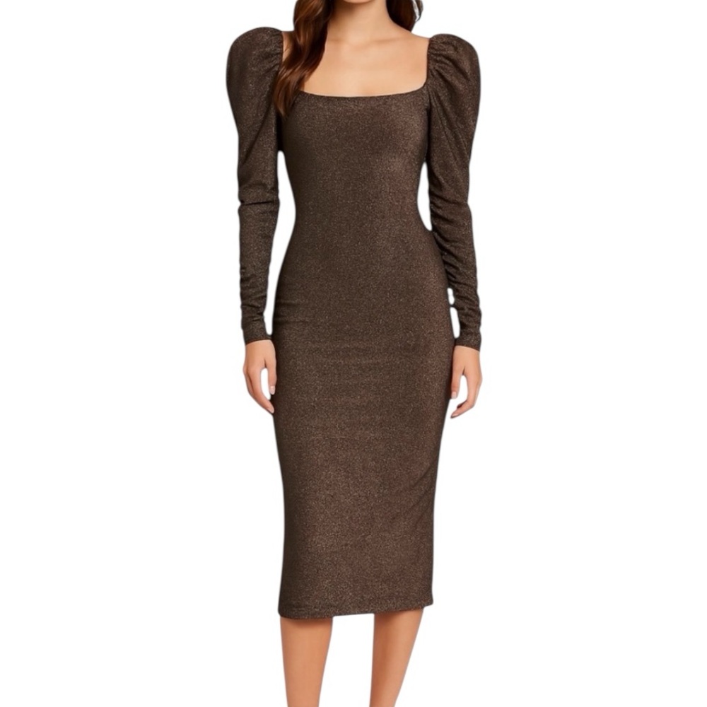 REFORMATION Dress Bronze Rahm Sparkle Puff Sleeve Glam Midi Size S Holiday Party